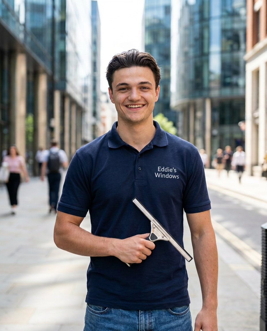 Eddie, window film installer, in his navy work polo holding a squeegee on a London street