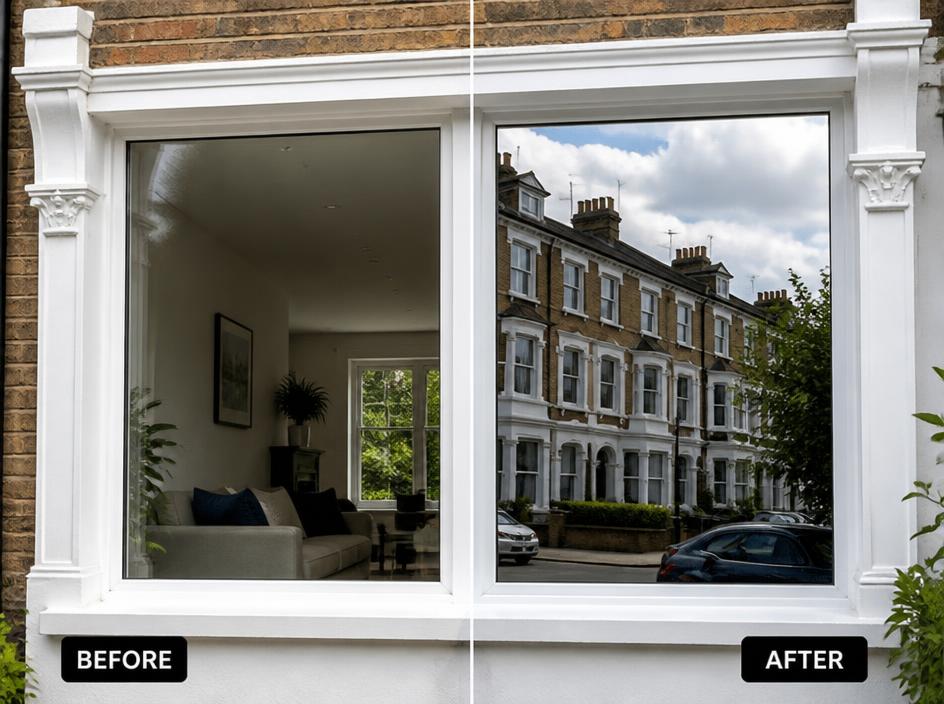 Before and after: a London window with clear glass on the left and mirrored privacy film on the right