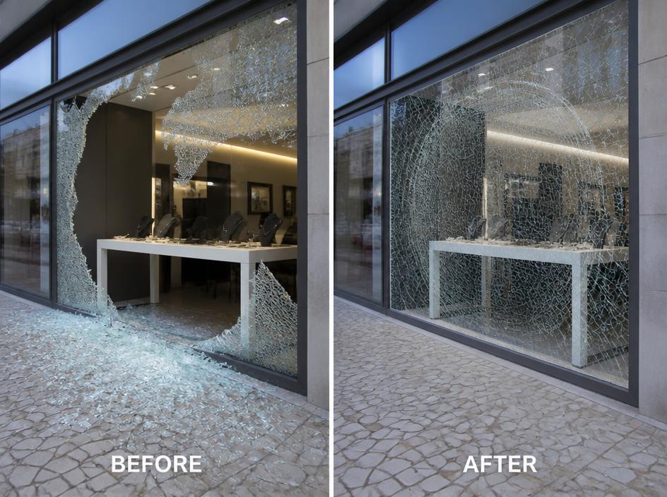Before and after: a shattered shopfront on the left and glass held together by security film on the right